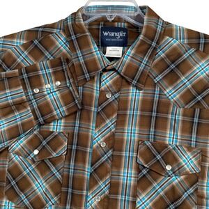 Wrangler Western Shirt Mens XXL Brown Turquoise Plaid Pearl Snap Cowboy